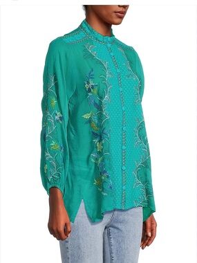 Johnny Was Teal Embroidered Button-Front Blouse